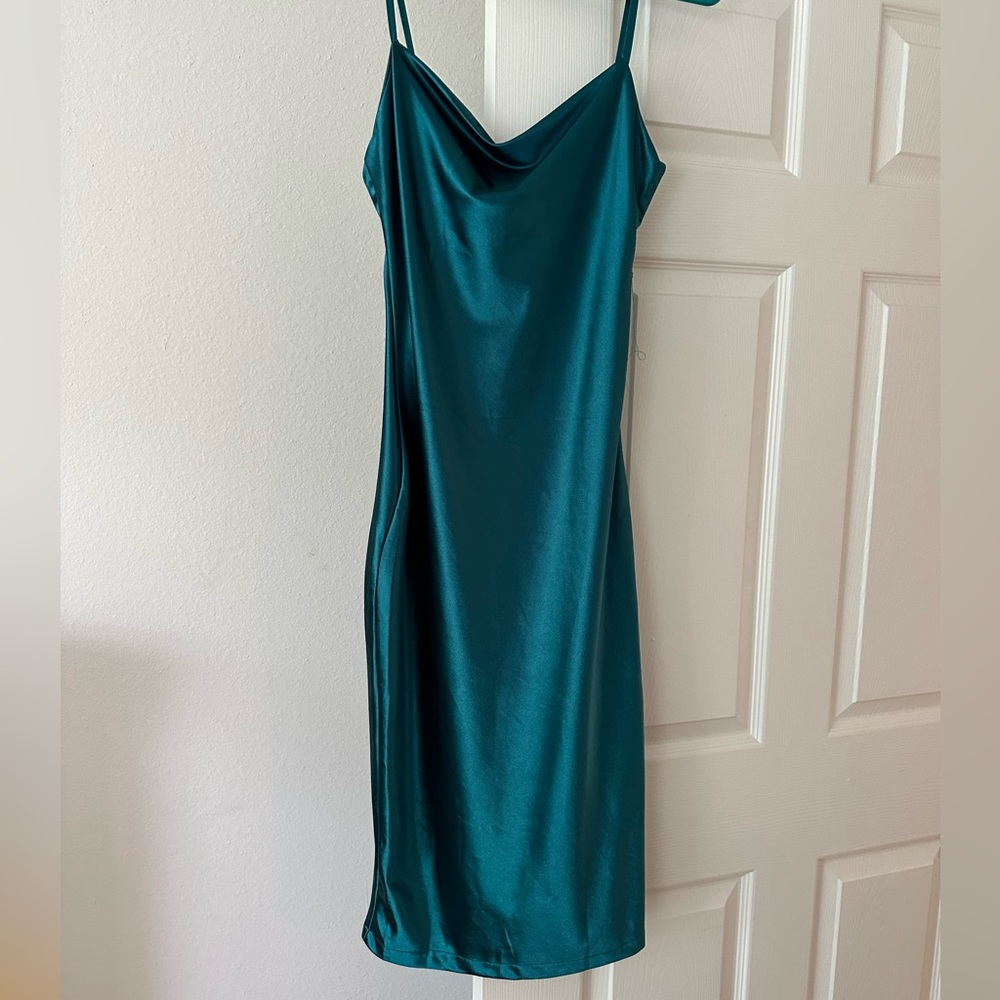 Women's Spaghetti Strap Satin Dress; blue/green; size small